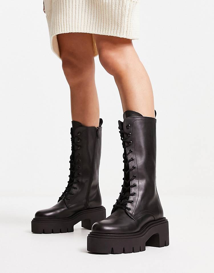 Other Stories leather lace-up chunky sole high boots in black